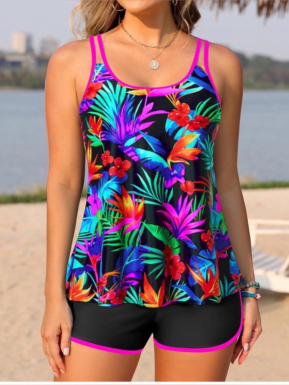0062: Tropical Floral Tankini Top with Neon Trim with Two Pockets Boy Shorts